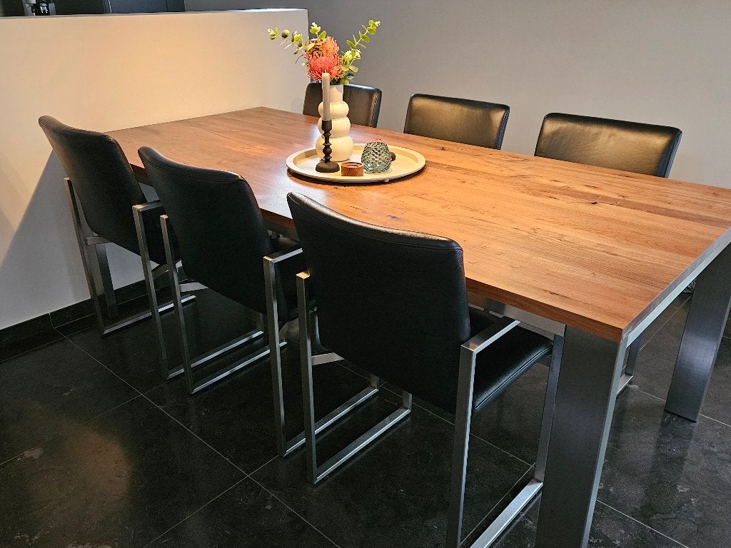 6 eetkamerstoelen rvs met leer, Ophalen, Gebruikt, Zwart, Modern