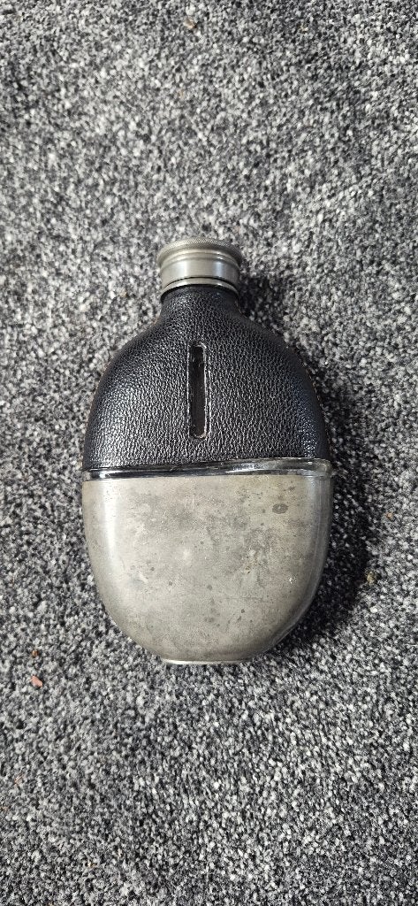 19e eeuw leren zakheupfles,  glas met tin en leer, Antiek en Kunst, Antiek | Tin, Ophalen of Verzenden