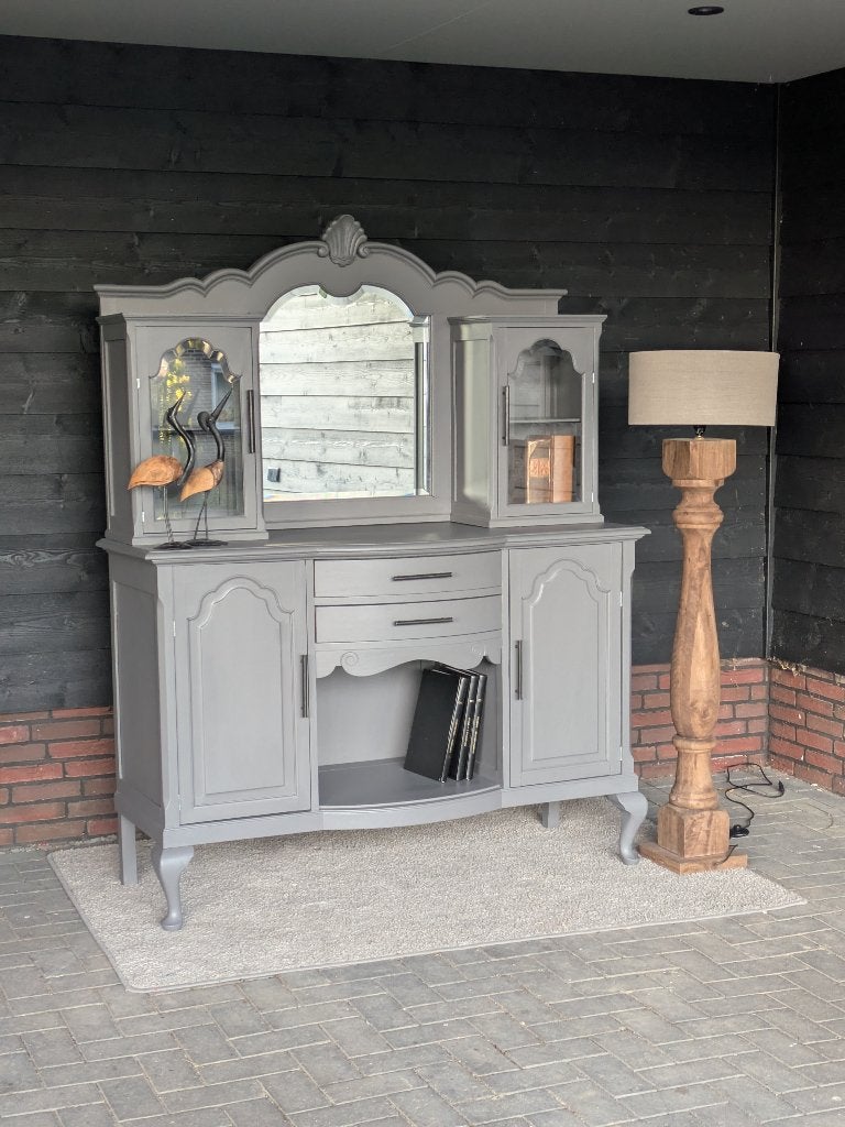 Antracietgrijze brocante buffetkast van eikenhout, Huis en Inrichting, Ophalen, Glas, Zo goed als nieuw, Brocante chique en modern landelijk