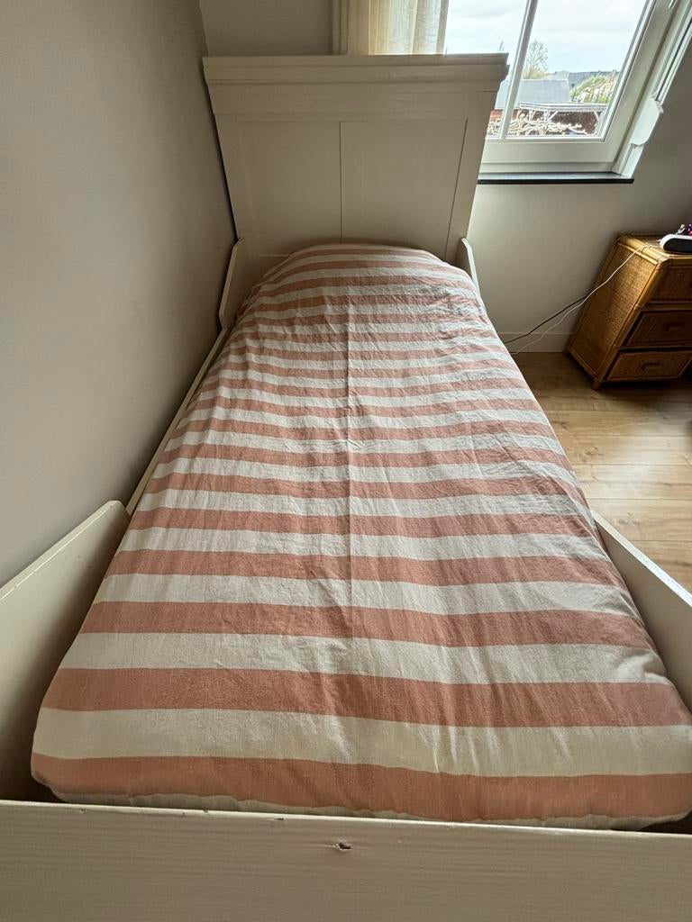 Brocante eenpersoonsbed 200x100 cm, Ophalen, Eenpersoons, Wit, 200 cm