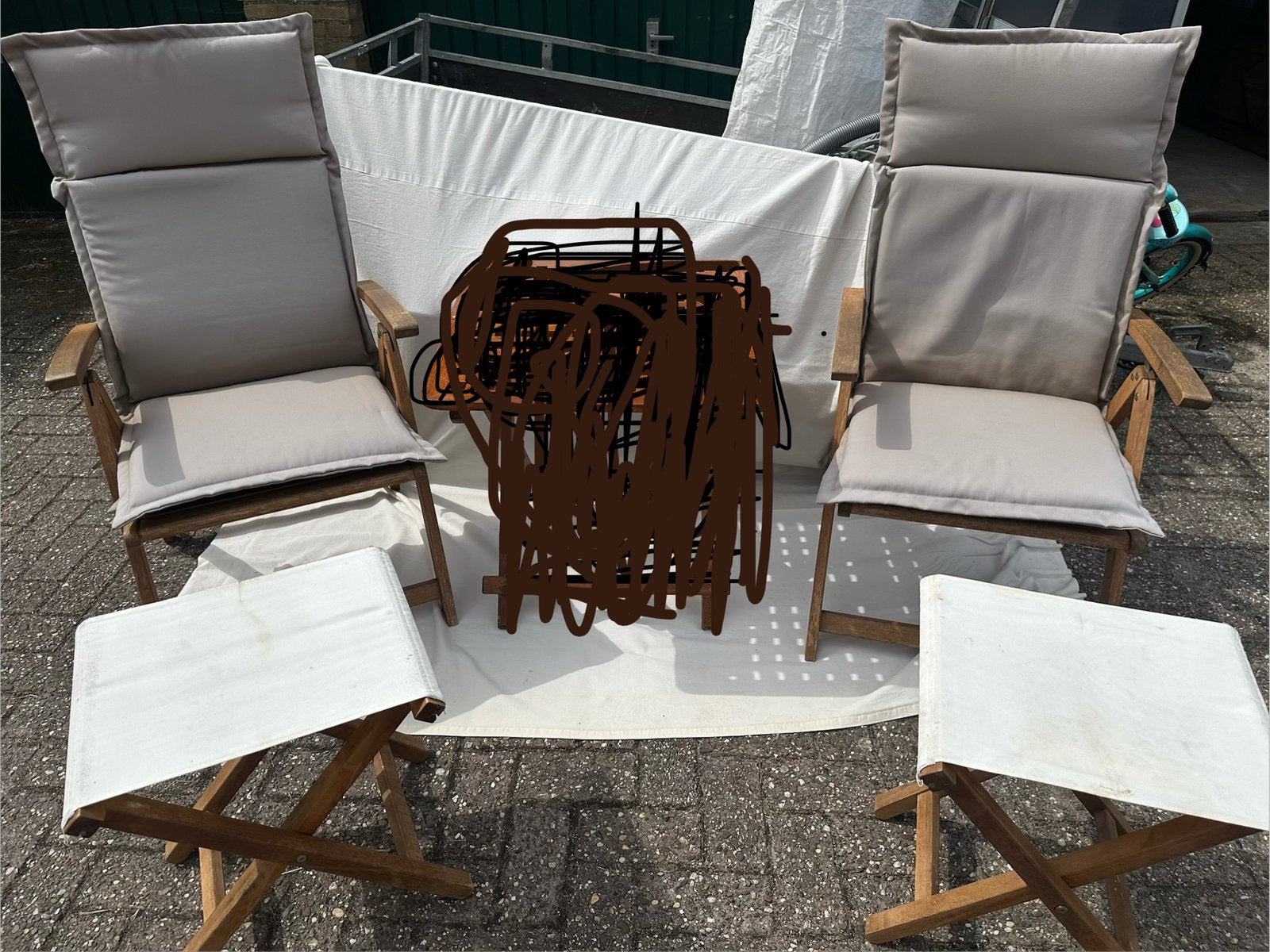 2 teak stoelen verstelbaar set krukjes voetensteuntjes, Ophalen, Zo goed als nieuw, Teakhout, Verstelbaar