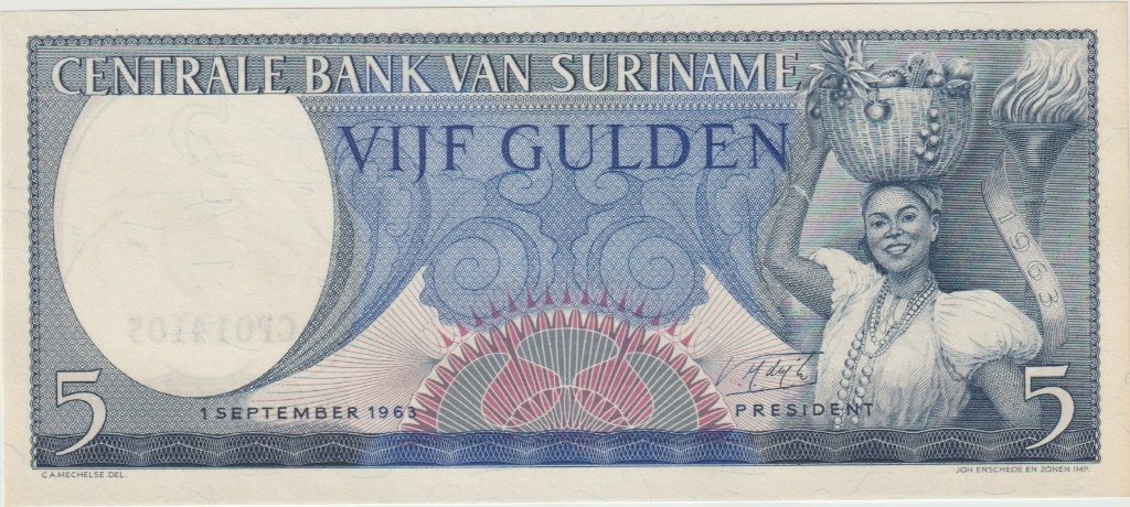 Surinaams bankbiljet 5 Gulden 1963 (Vrouw met fruitmand), Postzegels en Munten, Bankbiljetten | Oceanië, Ophalen of Verzenden
