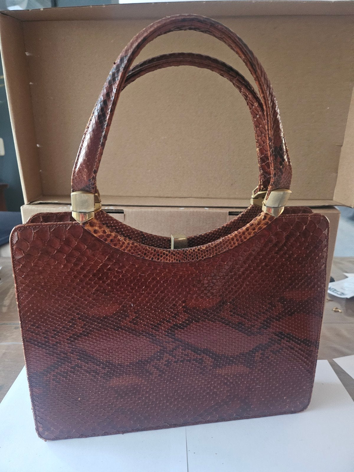 Vintage nep slangenleren handtas - Bruin, Ophalen of Verzenden, Zo goed als nieuw, Bruin, Handtas
