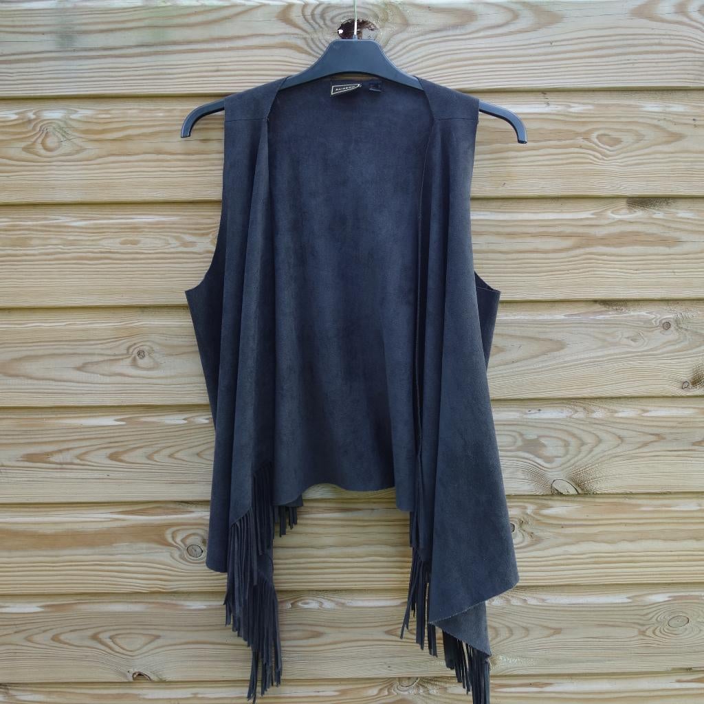 Rainbow zwart festival Boho suedine fringe gilet maat 40, Maat 38/40 (M), Rainbow, Zwart, Ophalen of Verzenden
