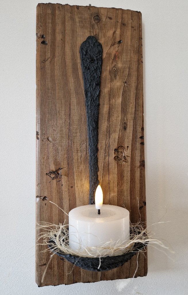 Nieuwe wandkandelaar hout + rvs met LED kaars, 34 cm, Nieuw, Ophalen of Verzenden, Kandelaar