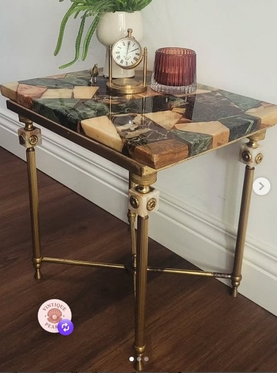 Vintage bijzettafel van marmer en messing, Ophalen, Minder dan 55 cm, Gebruikt, Overige materialen