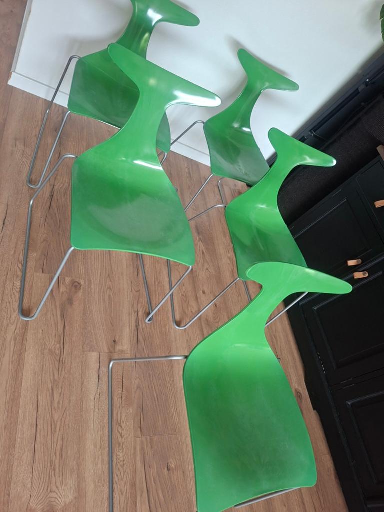 Hoogwaardig vintage delfy design stoelen van gino carollo, Ophalen, Gebruikt, Overige kleuren, Vijf, Zes of meer stoelen