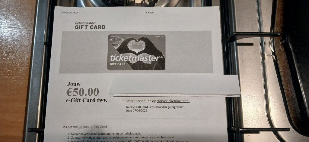 ticket master gift card twv 50 euro NU: 37.50 euro, Eén persoon, Meerdaags