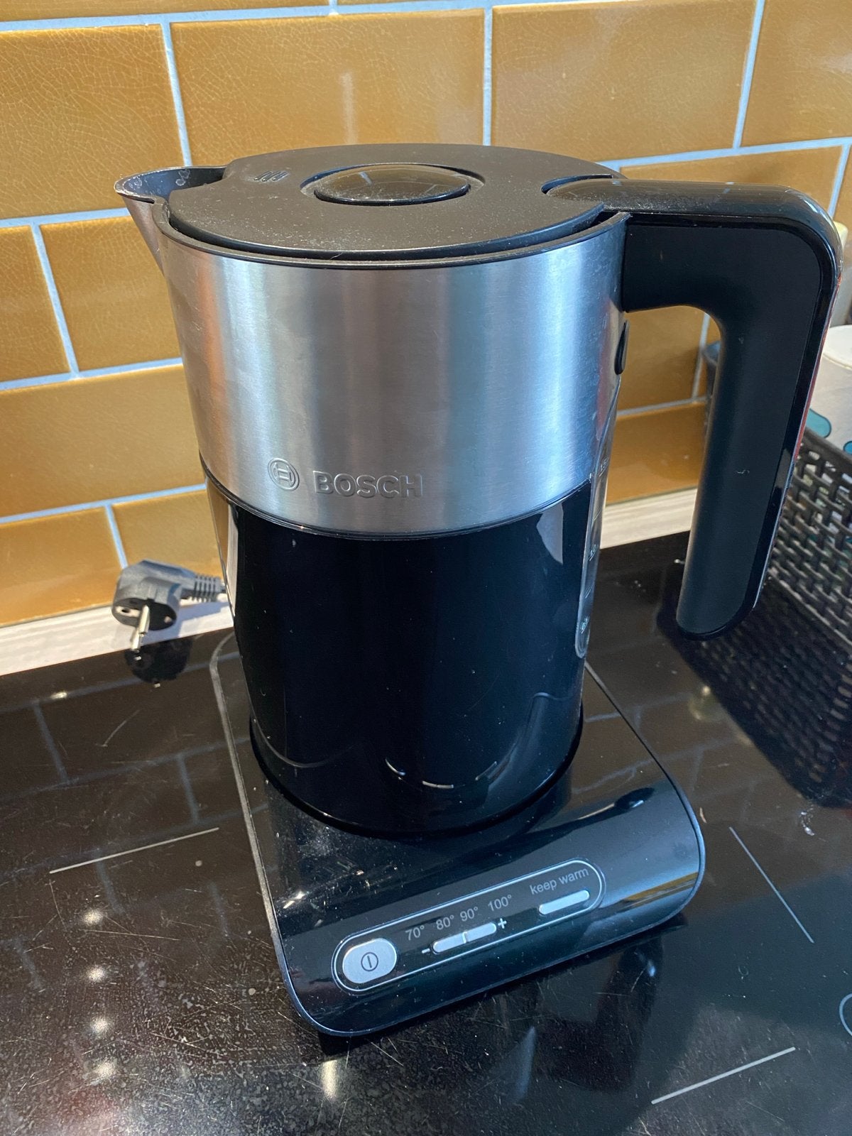 Bosch TWK8613P waterkoker - Zwart/RVS met temperatuurregelin, 1 tot 2 liter, Ophalen of Verzenden, Gebruikt, Draadloos