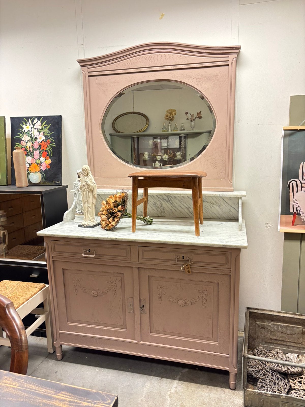 Brocante kaptafel / commode met spiegel, Huis en Inrichting, Tafels | Kaptafels, Ophalen, Studio Larilo, 100 tot 150 cm, 200 cm of meer