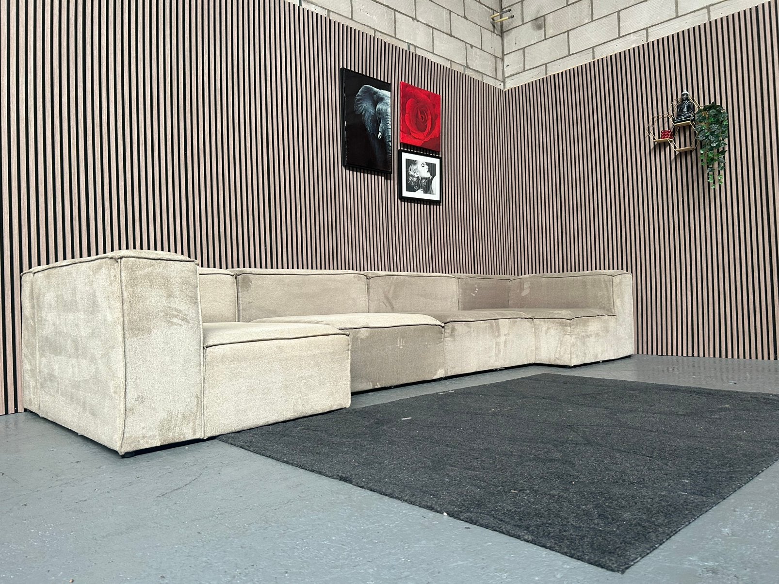 GRATIS LEVERING Modulaire Hoekbank Beige 406X127 GEREINIGD, Moderne elementen bank beige, Hoekbank, 300 cm of meer, Ophalen of Verzenden