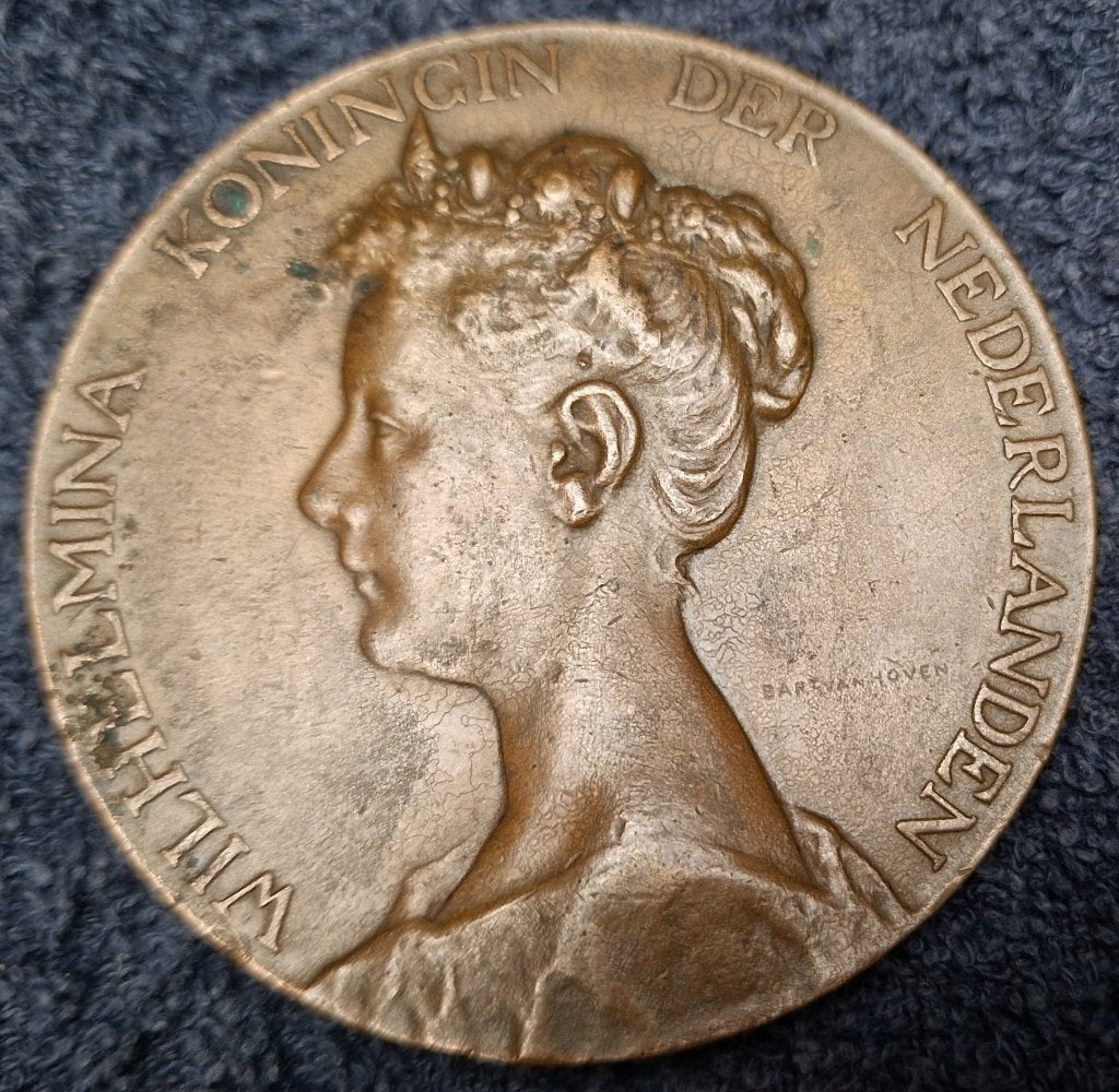 Inhuldiging WILHELMINA 6 Sept. 1898 GROTE bronzen Penning, Ophalen of Verzenden, Gebruikt, Nederland, Overige typen