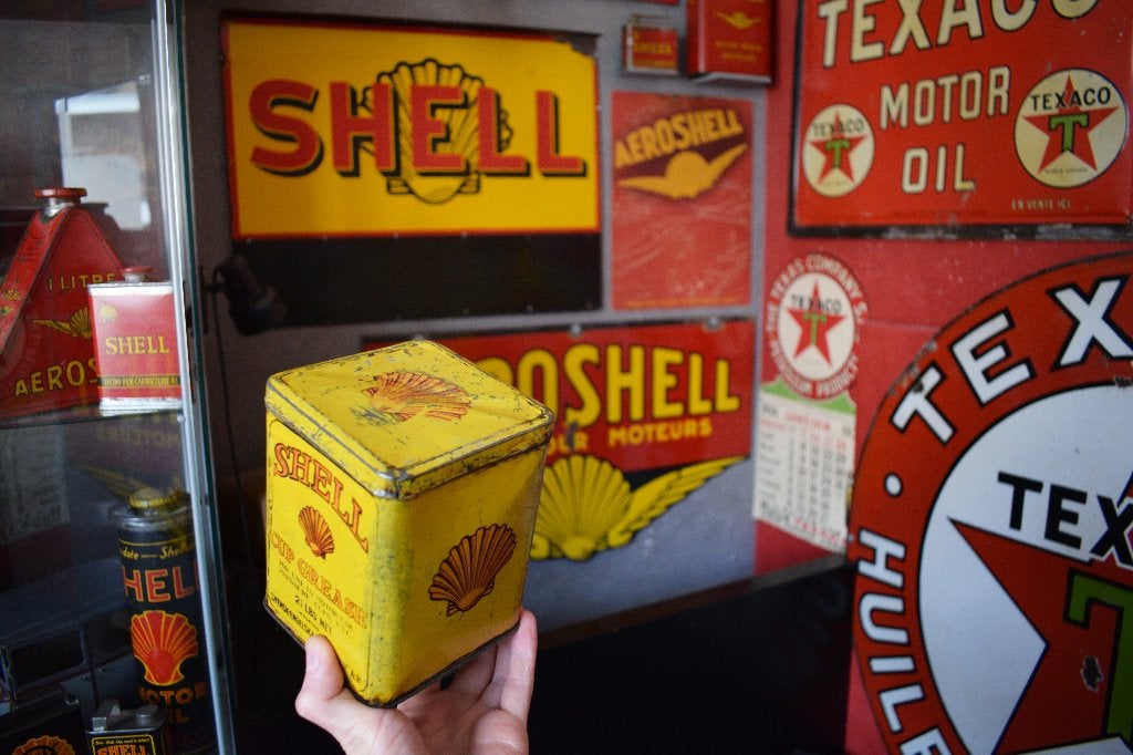 Zeldzame vet pot shell 1930 olie blik, Verzamelen, Merken en Reclamevoorwerpen, Ophalen of Verzenden, Gebruikt, Reclamebord