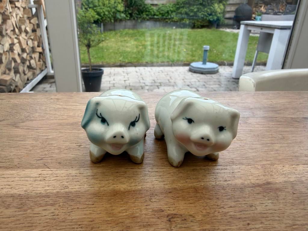 Vintage varkentjes zout- en peper stel, Ophalen of Verzenden, Steen/keramiek, Meerkleurig, Overige merken