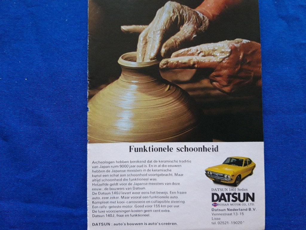 Datsun 140 J sedan – orig advertentie vernuftige schoonheid, Verzamelen, Ophalen of Verzenden, Zo goed als nieuw, Auto's