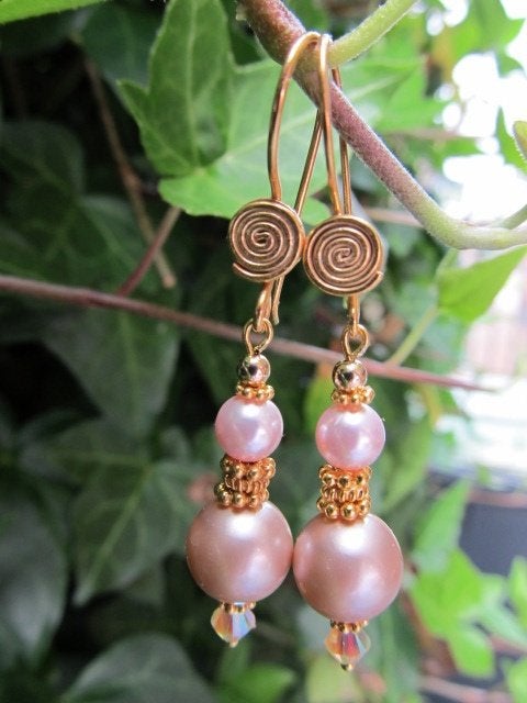 Oorbellen Anita swarovski parels-kristal goud, Hangers, Nieuw, Roze, Goud