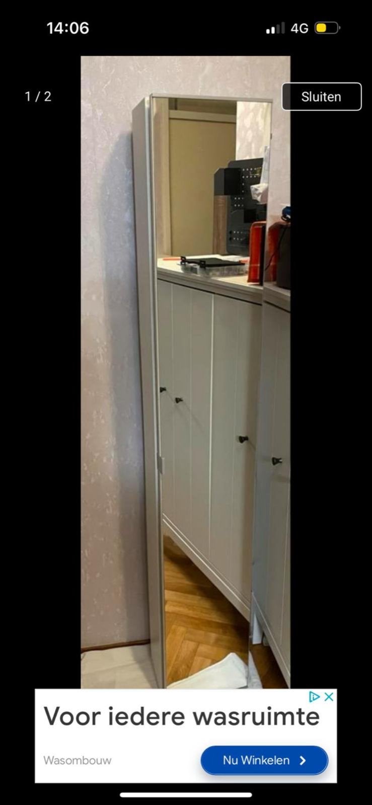 Witte smalle kast met spiegeldeur, Huis en Inrichting, Ophalen, Minder dan 50 cm, Gebruikt, 200 cm of meer