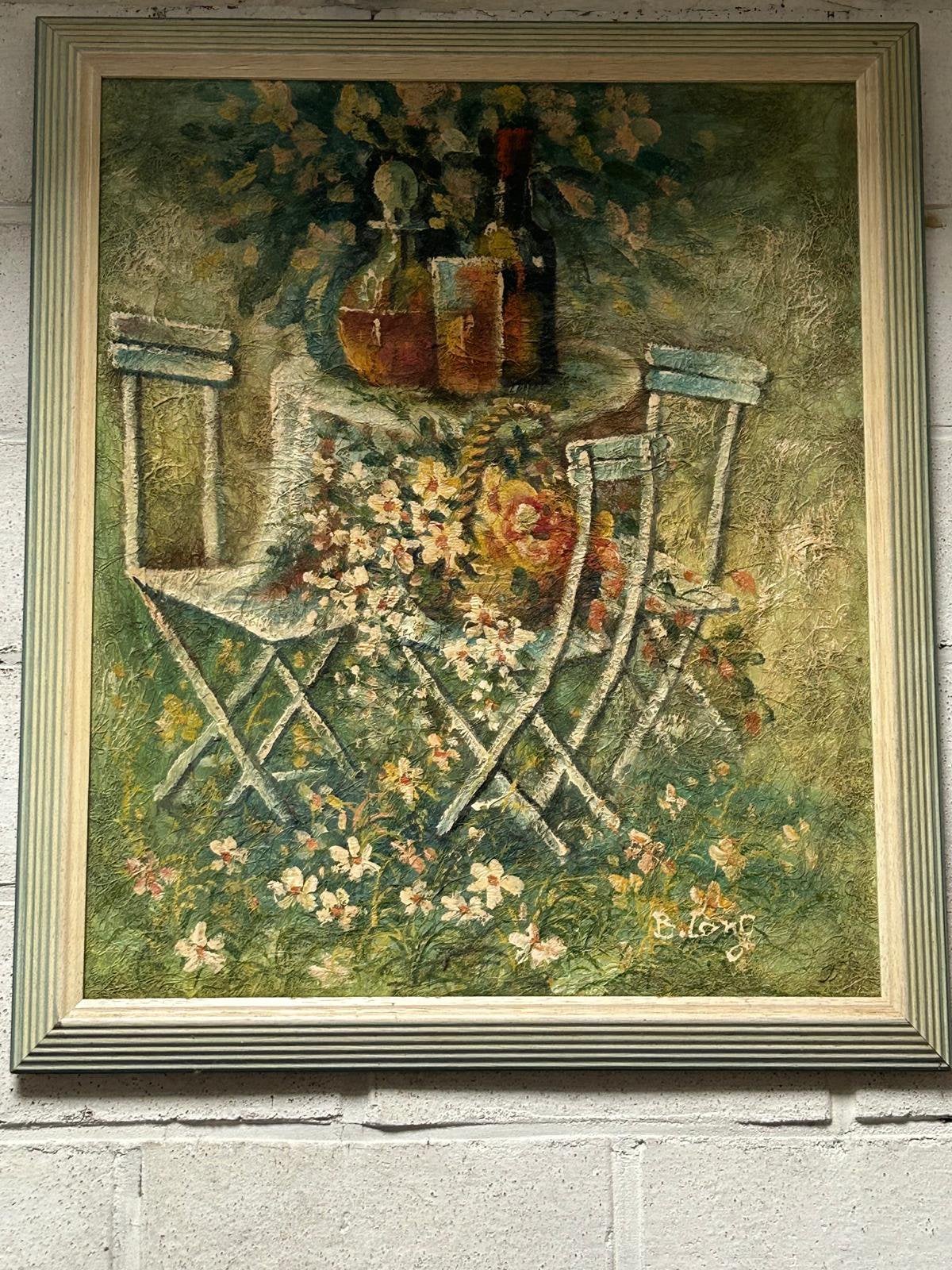 Schilderij gezellig zitje in tuin te koop, Doek, Oud hollands, Stilleven, Ophalen of Verzenden