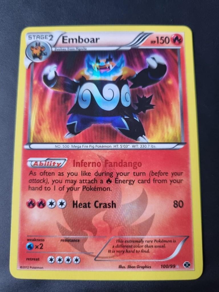 Pokemon next destinies secret rare holo emboar 100/99, Ophalen of Verzenden, Zo goed als nieuw, Losse kaart, Foil