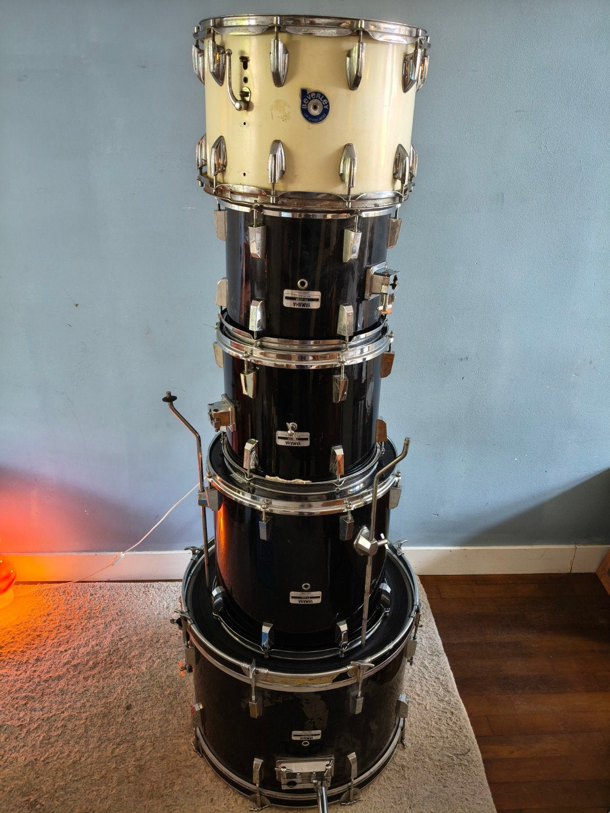 Yamaha jaren 80 drumketels met vintage Beverley snaredrum, Muziek en Instrumenten, Ophalen, Gebruikt, Yamaha