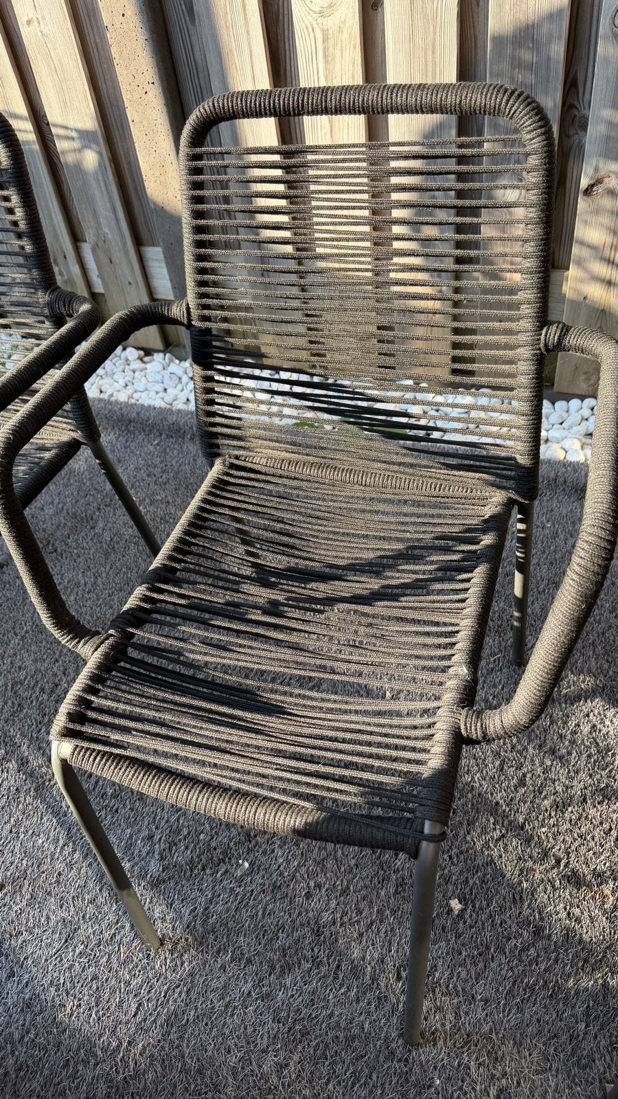 Zwarte tuinstoelen met gevlochten touw - 4 stuks, Tuin en Terras, Ophalen, Gebruikt, Metaal