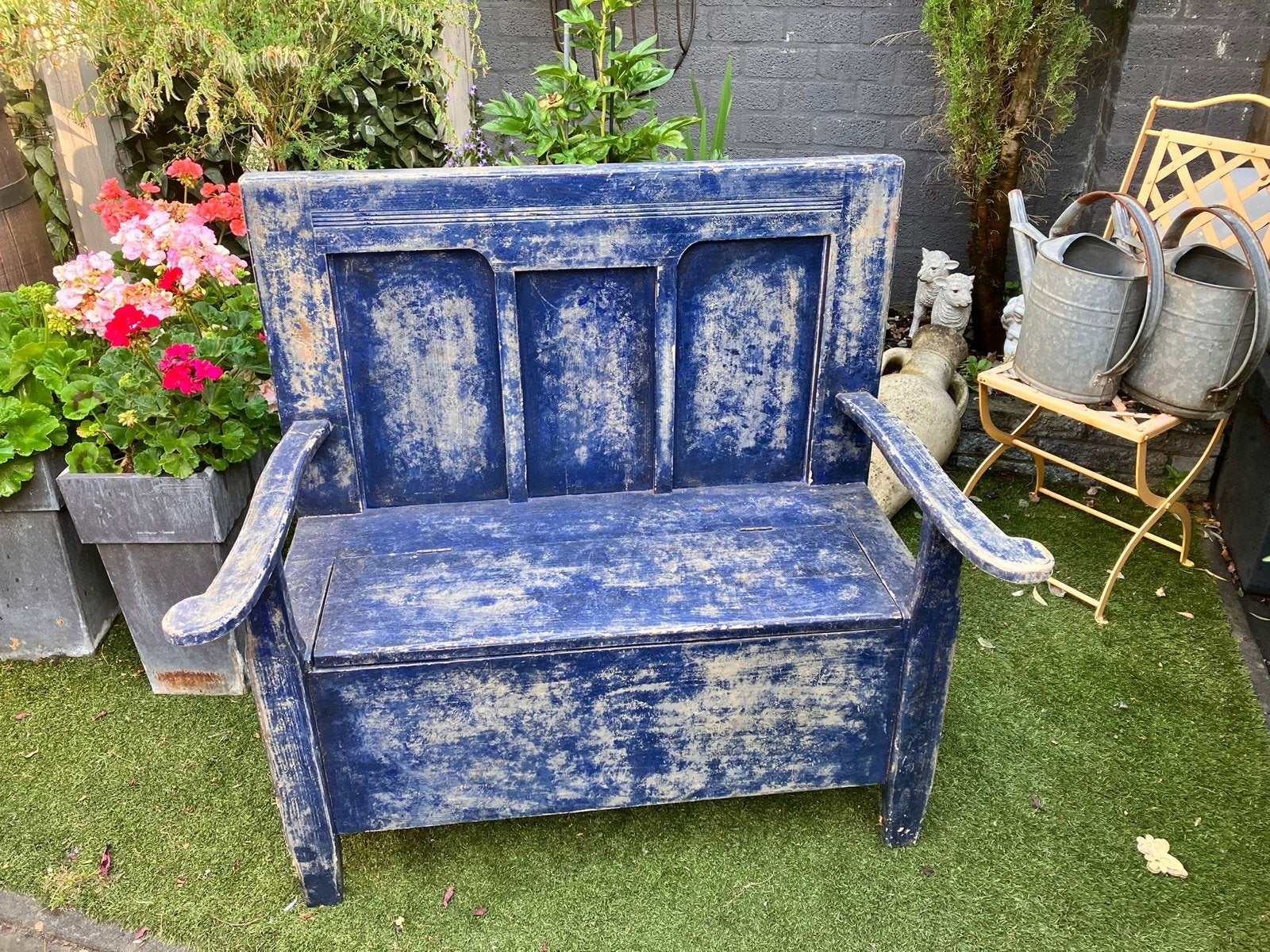 Halbank klepbankje- Blauw met Opbergruimte, Ophalen, Hout, Gebruikt, Blauw