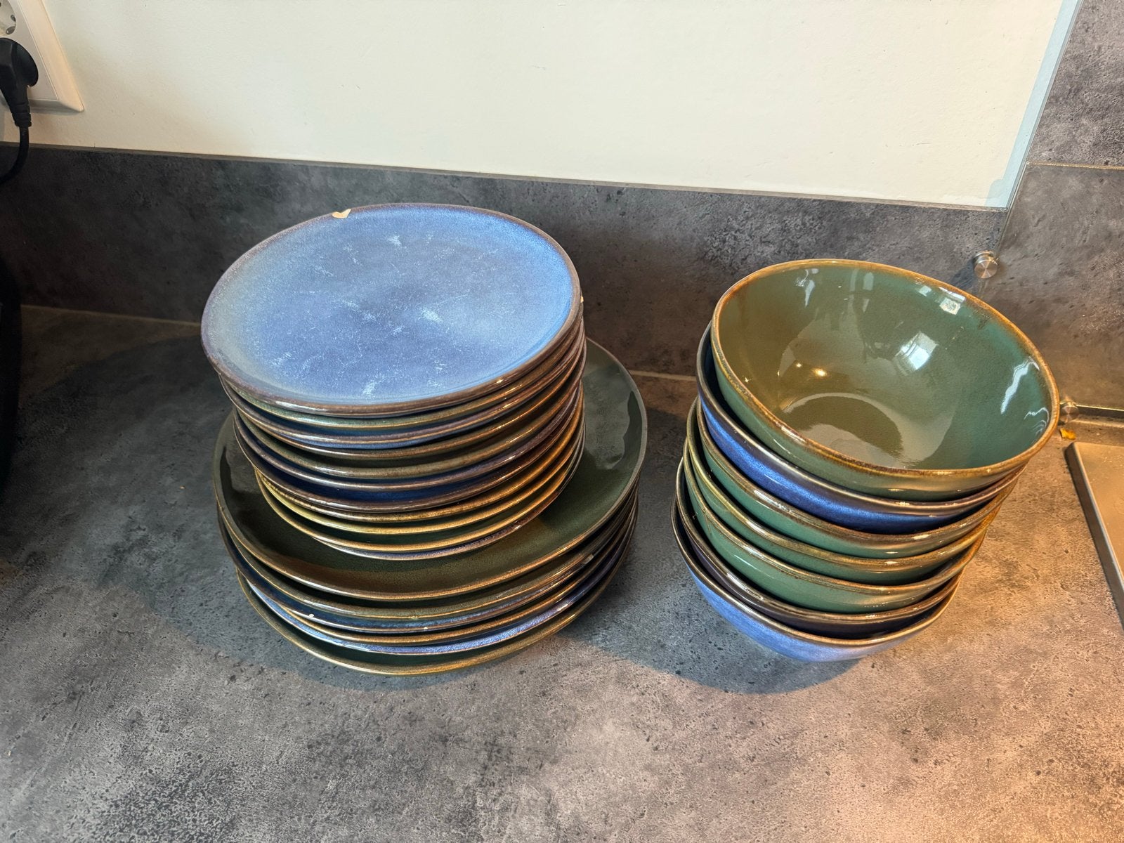 Mooi servies, blauw en groen, 18-delig, Ophalen, Gebruikt, Keramiek, Modern