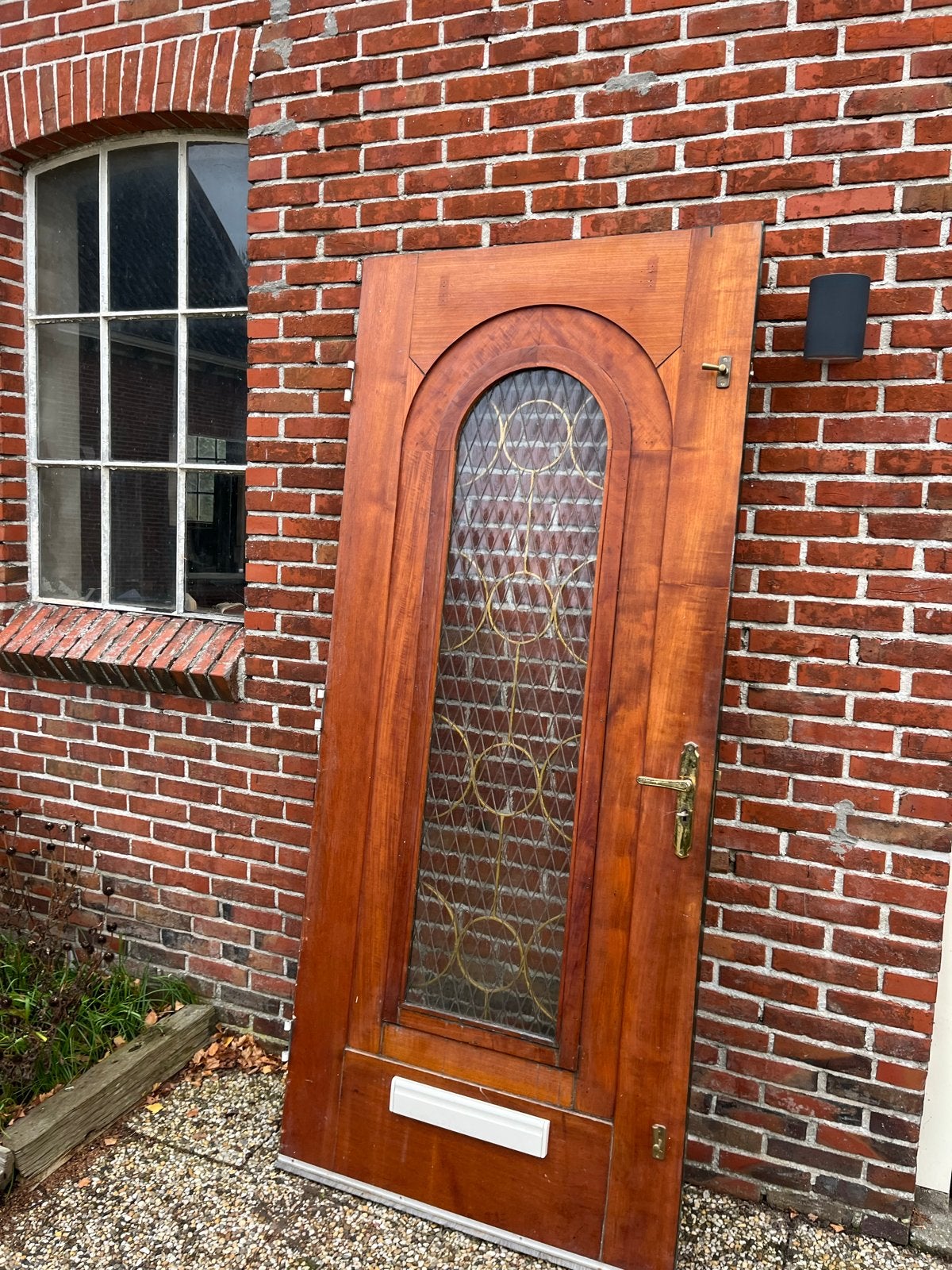 Prachtige houten buitendeur met glas en sierrooster, Ophalen, Gebruikt, 80 tot 100 cm, Buitendeur