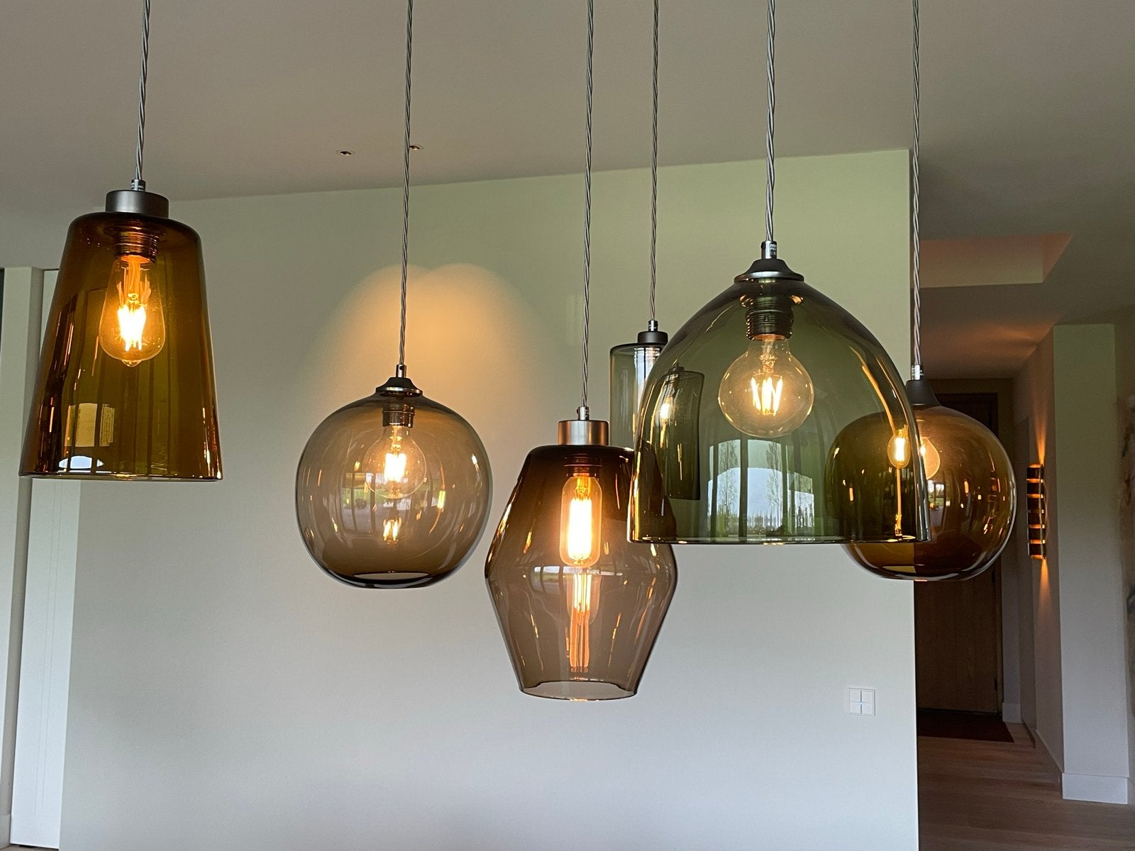Set van 6 glazen hanglampen van Rothschild Bickers, Ophalen, Zo goed als nieuw, Glas