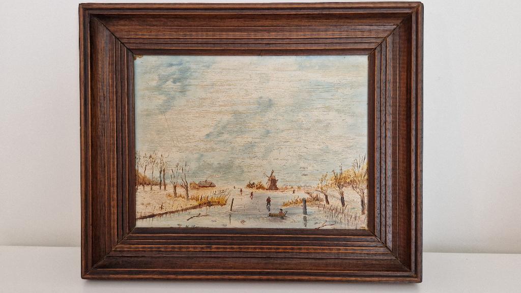 Olieverf schilderij op paneel ijsgezichtje met molen SCH31, Ophalen of Verzenden