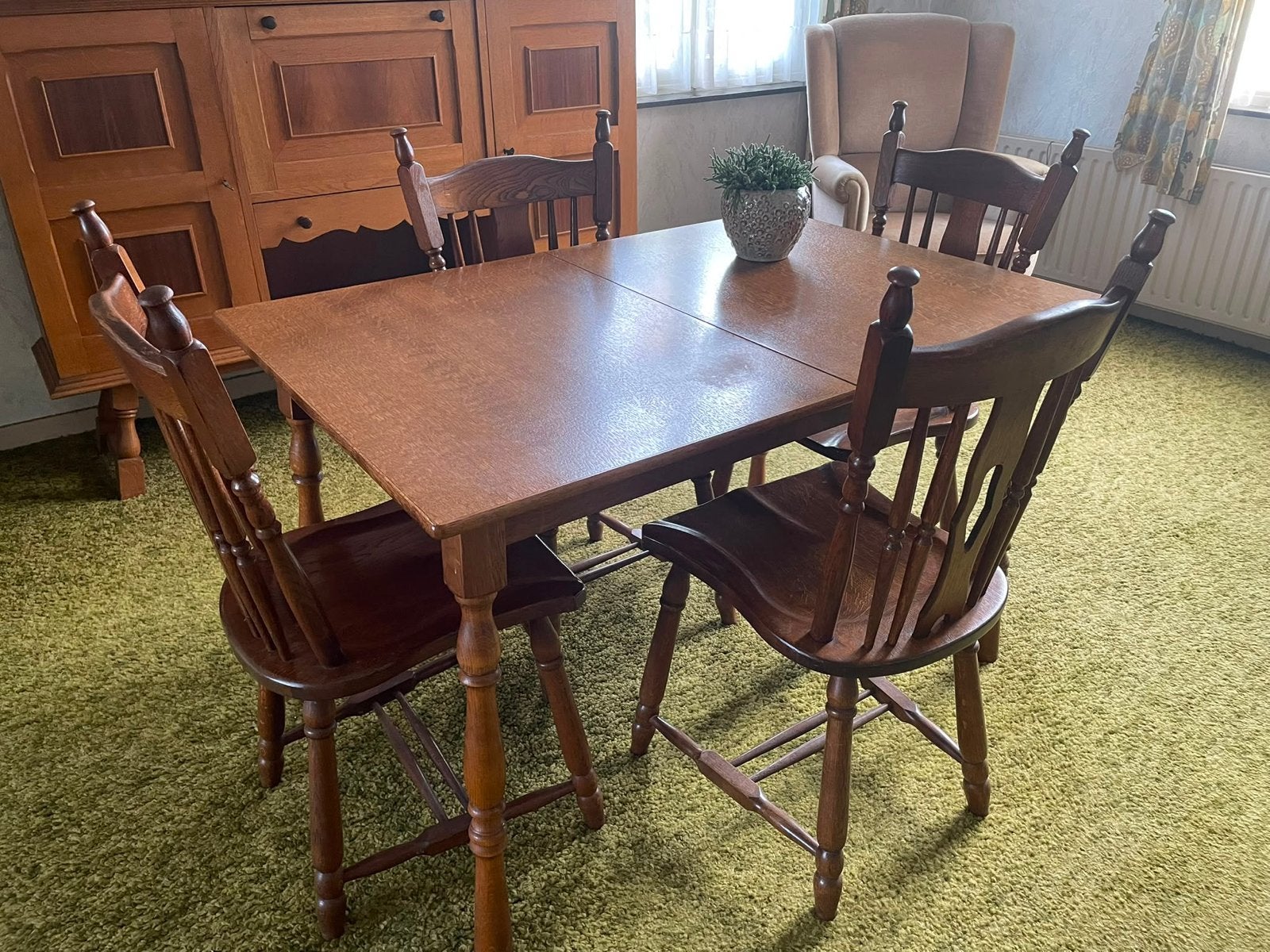 Vintage eettafel met 4 stoelen uitschuifbaar landelijke stij, Ophalen, Gebruikt, 100 tot 150 cm, 50 tot 100 cm