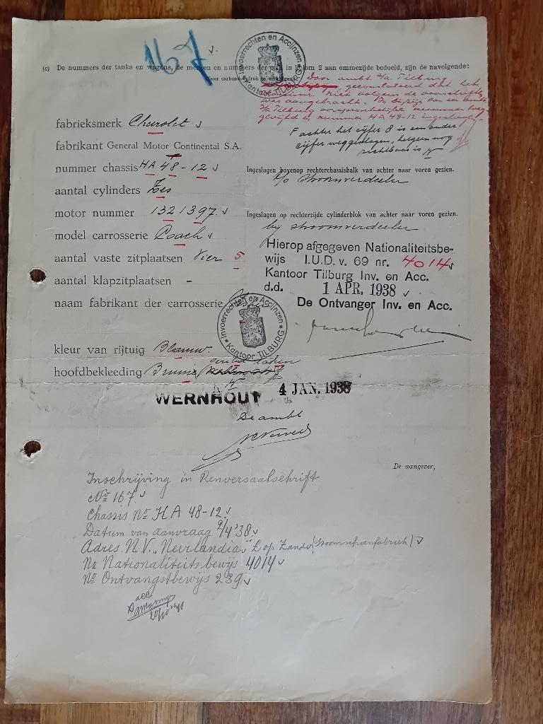 Invoerdocument Chevrolet 1938 - Neerlandia - Loon op Zand, Ophalen of Verzenden, Gebruikt, Auto's