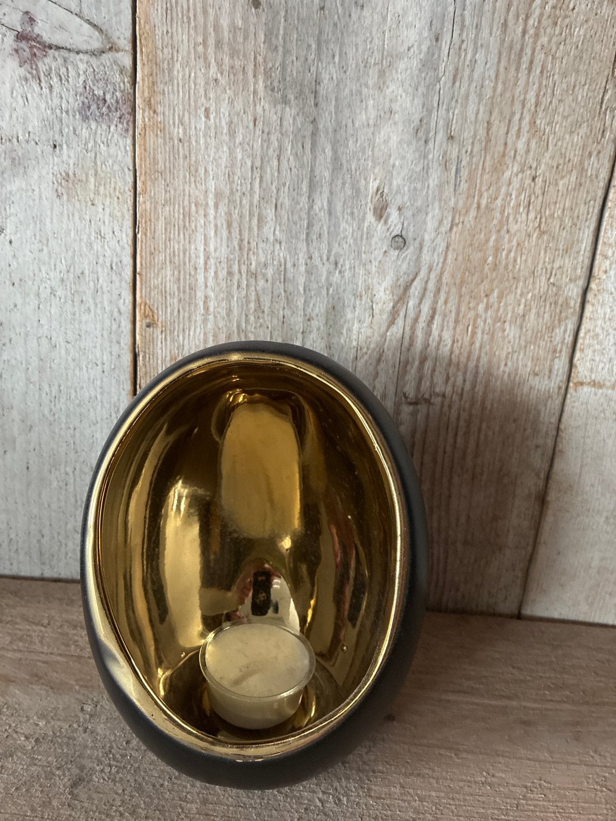 Zwart gouden theelichthouder ei vorm, Huis en Inrichting, Woonaccessoires | Kandelaars en Kaarsen, Overige materialen, Gebruikt