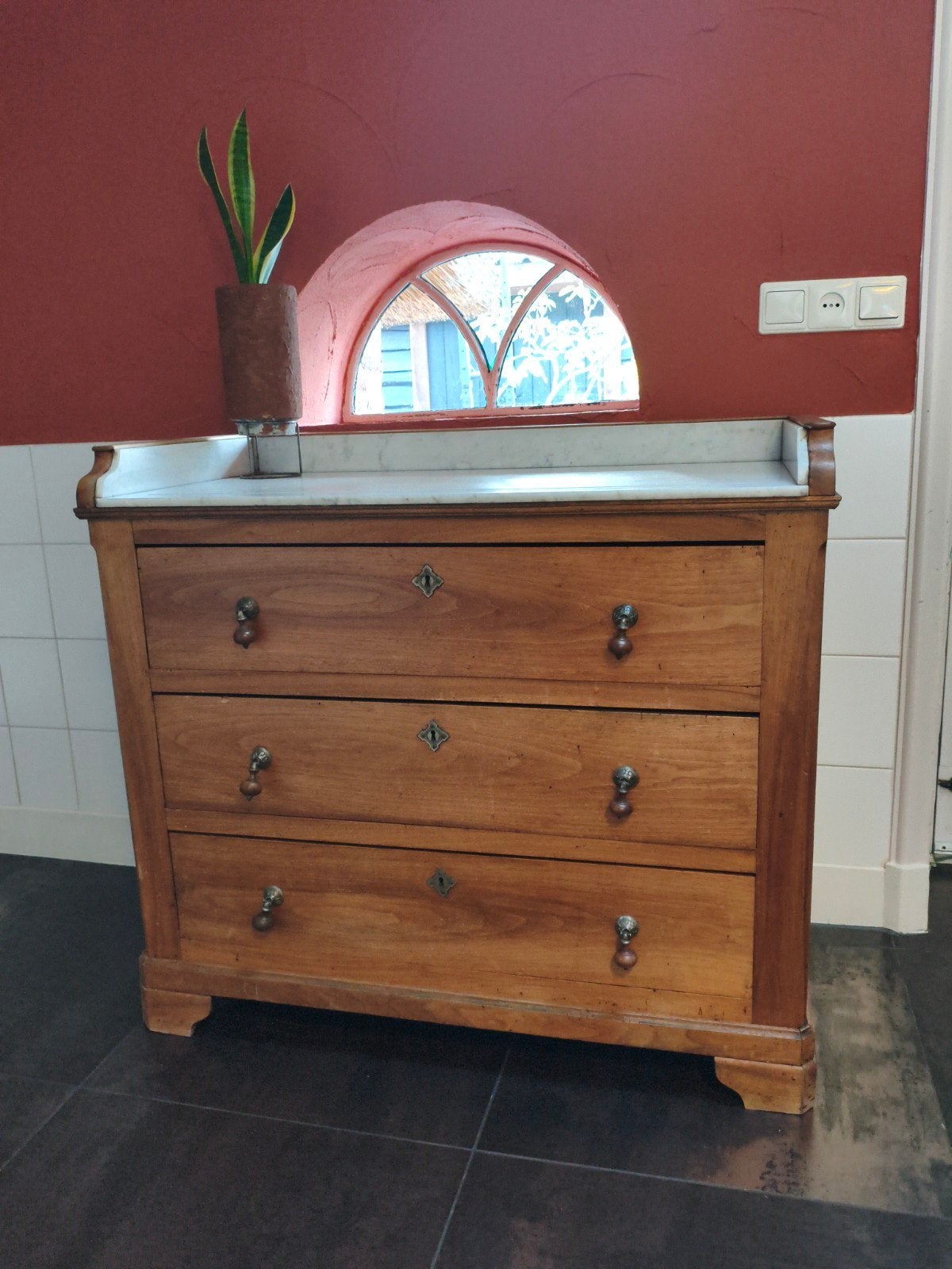 commode/ladenkast hout met marmeren blad, Ophalen, Gebruikt, 100 tot 150 cm, 3 of 4 laden