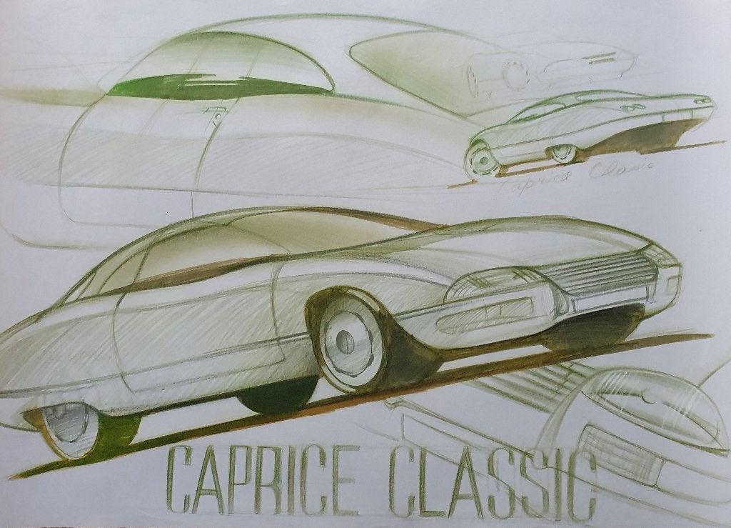 Caprice Classic auto ontwerp schets, Verzamelen, Posters, Verzenden, Deurposter of groter, Rechthoekig Liggend, Zo goed als nieuw