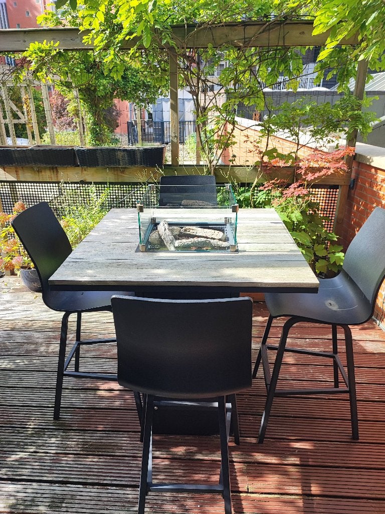 Cosiloft vuurtafel black/teak + 4 barstoelen Hartman, Ophalen, Gebruikt