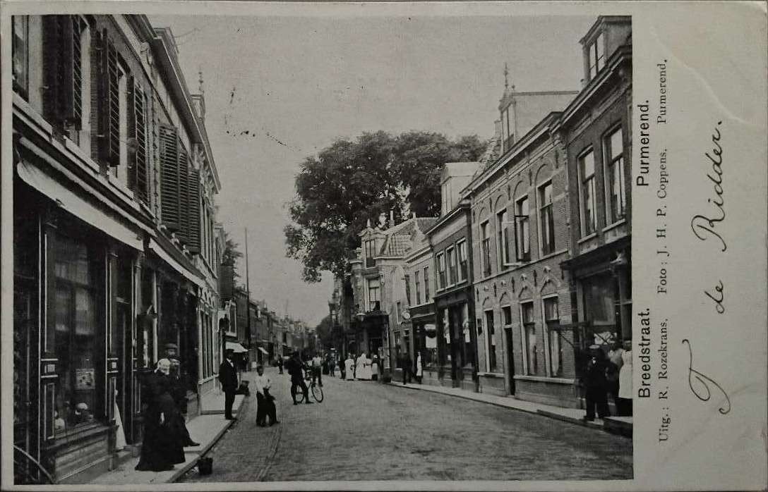 Breedstraat Purmerend (NH) – Gelopen 1901, Verzamelen, Ansichtkaarten | Nederland, Verzenden, Voor 1920, Gelopen, Noord-Holland