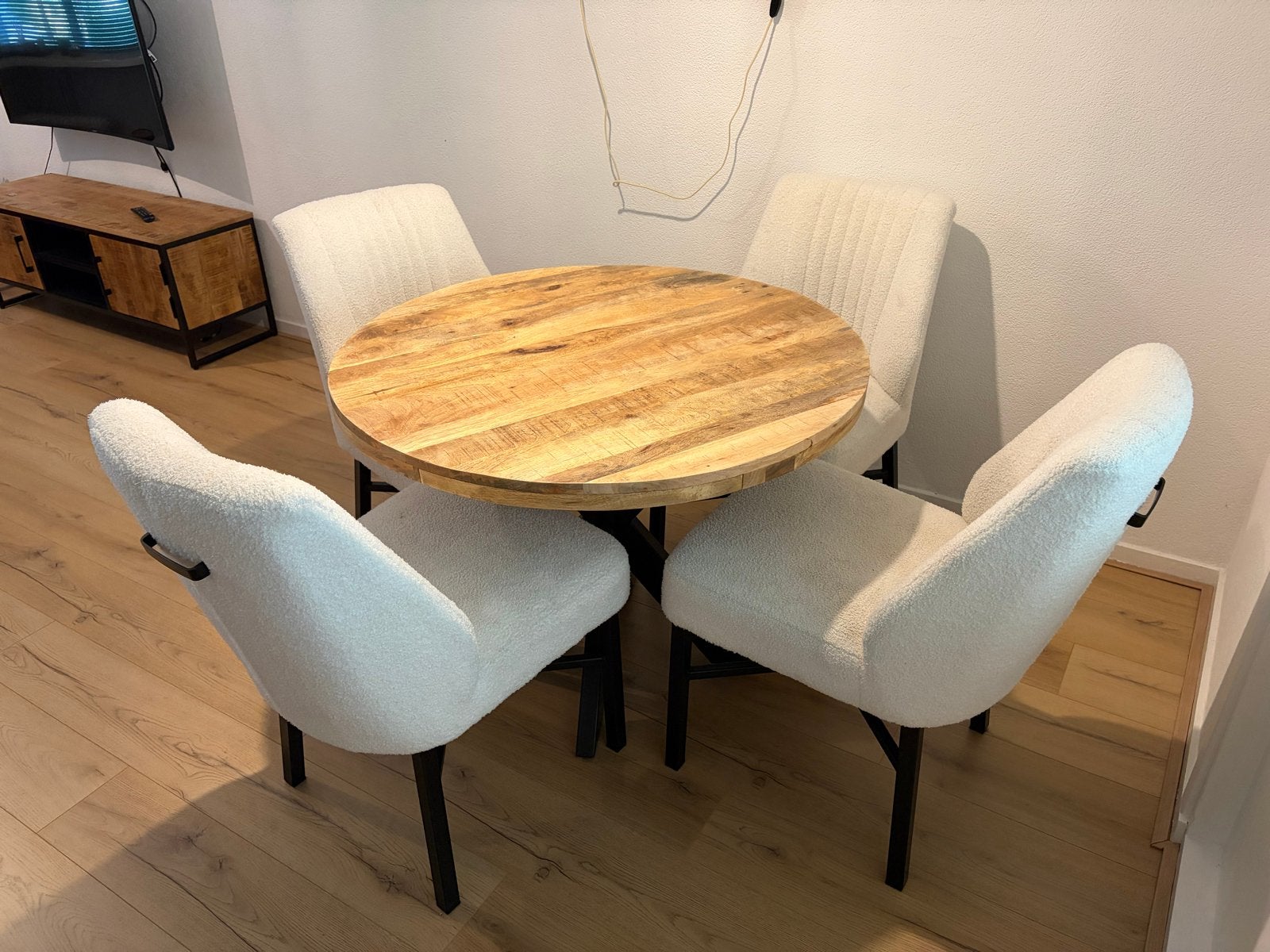 Ronde eettafel 100cm van mangohout en stalen onderstel, Ophalen, 100 tot 150 cm, Rond, Zo goed als nieuw