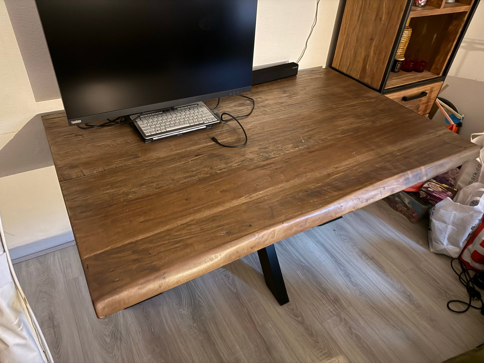 Houten eettafel met zwart metalen onderstel - Frans Kotter, Ophalen, Gebruikt, 100 tot 150 cm, 150 tot 200 cm