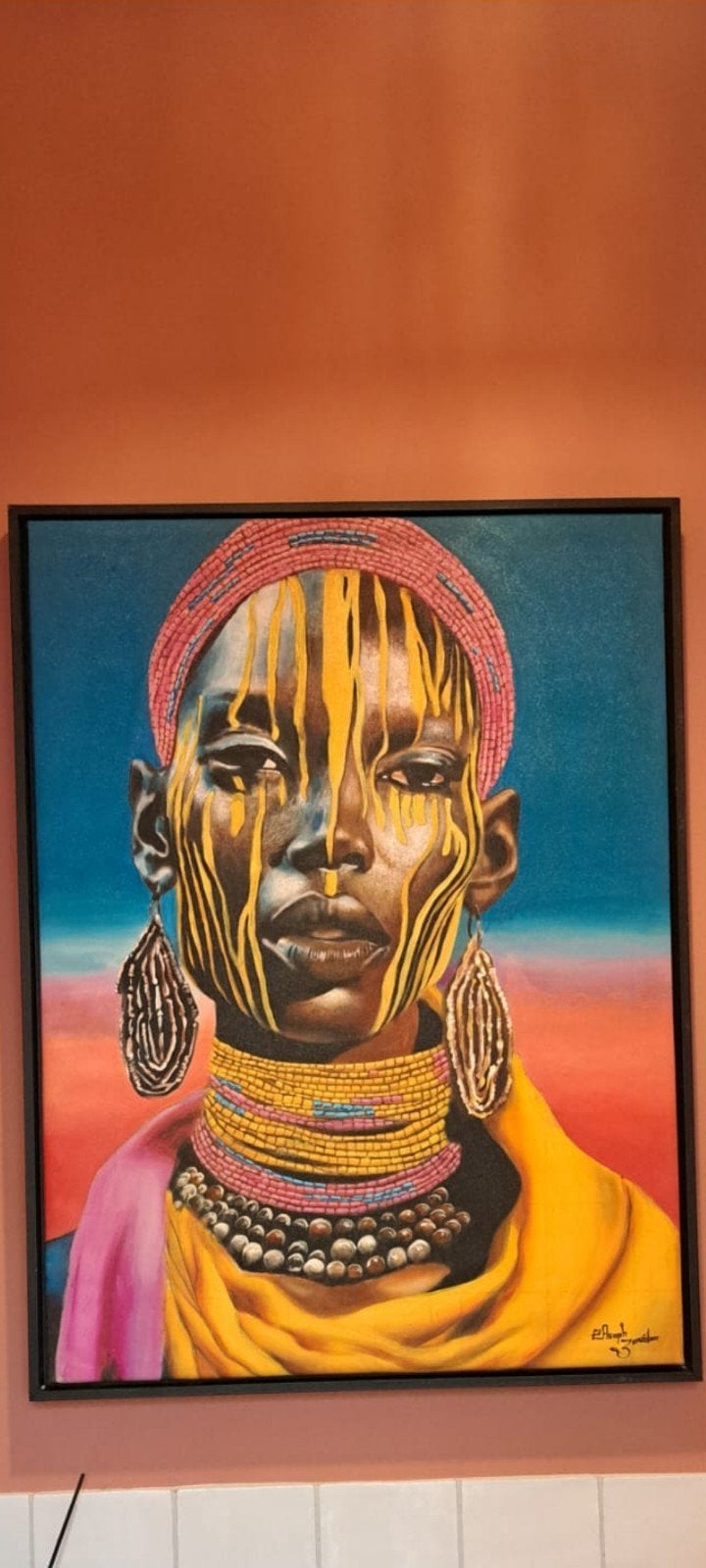 Afrikaans portret schilderij 80x60cm, Schilderij, Afrika, Meerkleurig, Ingelijst