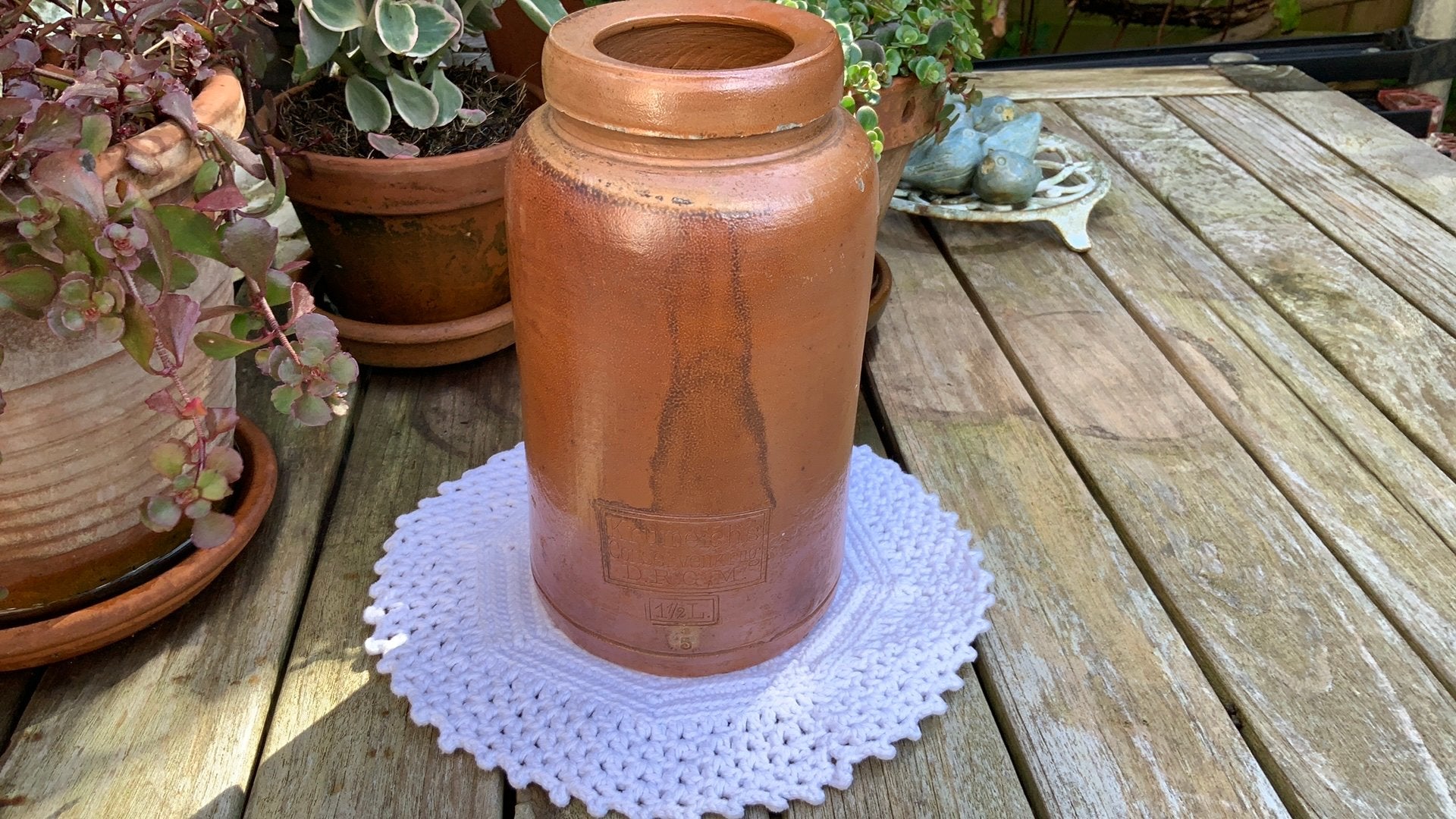 Oude grès Krumeich’s D.R.C.M. 1 1/2 liter Conservenkrug, Ophalen of Verzenden