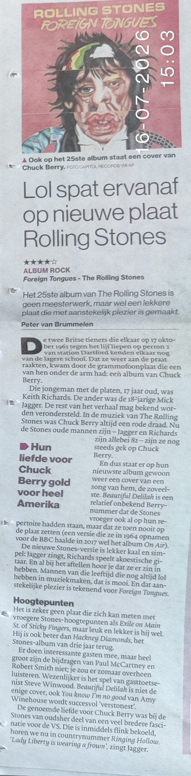 Rolling Stones 25ste Album krantenartikel, Ophalen of Verzenden, 1980 tot heden, Knipsel(s)