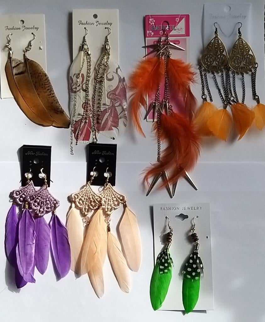 Set van 7 paar gekleurde veren veertjes oorbellen, Overige materialen, Hangers, Overige kleuren, Nieuw