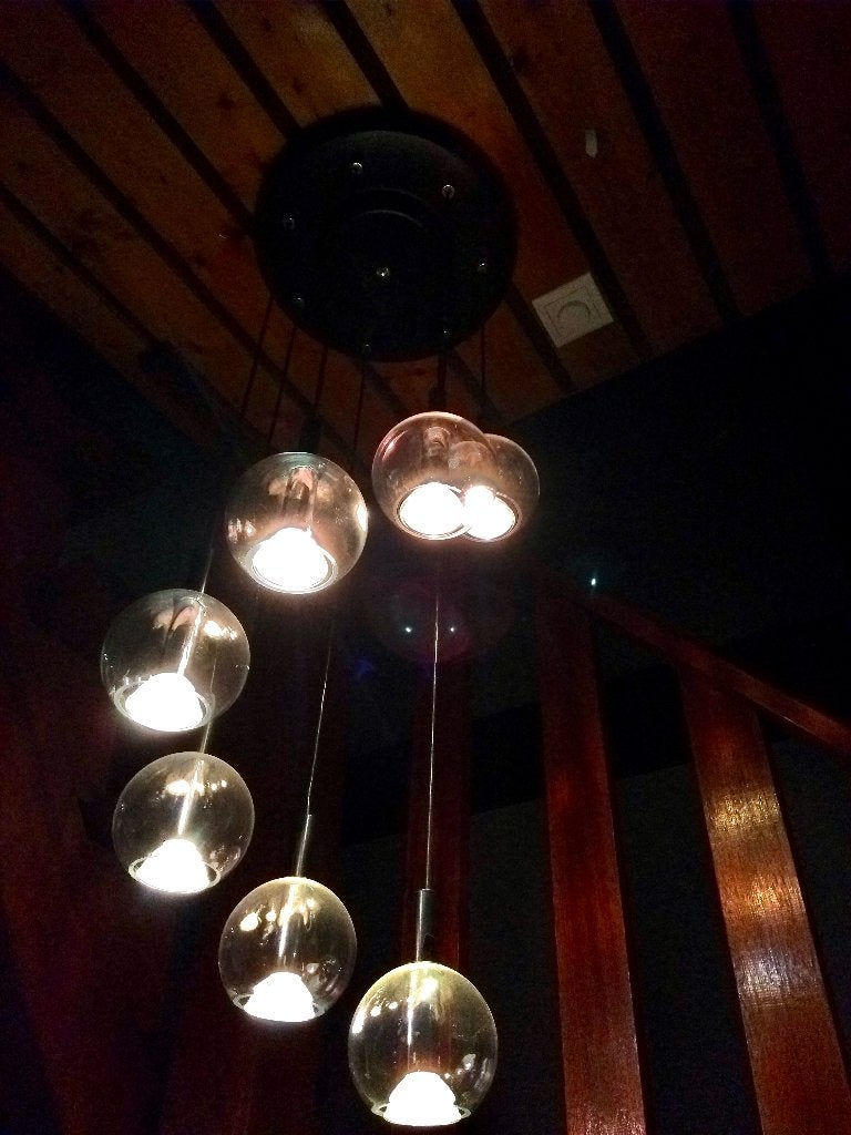 Bankamp hanglamp met 7 transparante glazen bollen, Ophalen, Overige fittingen, Zo goed als nieuw, Glas