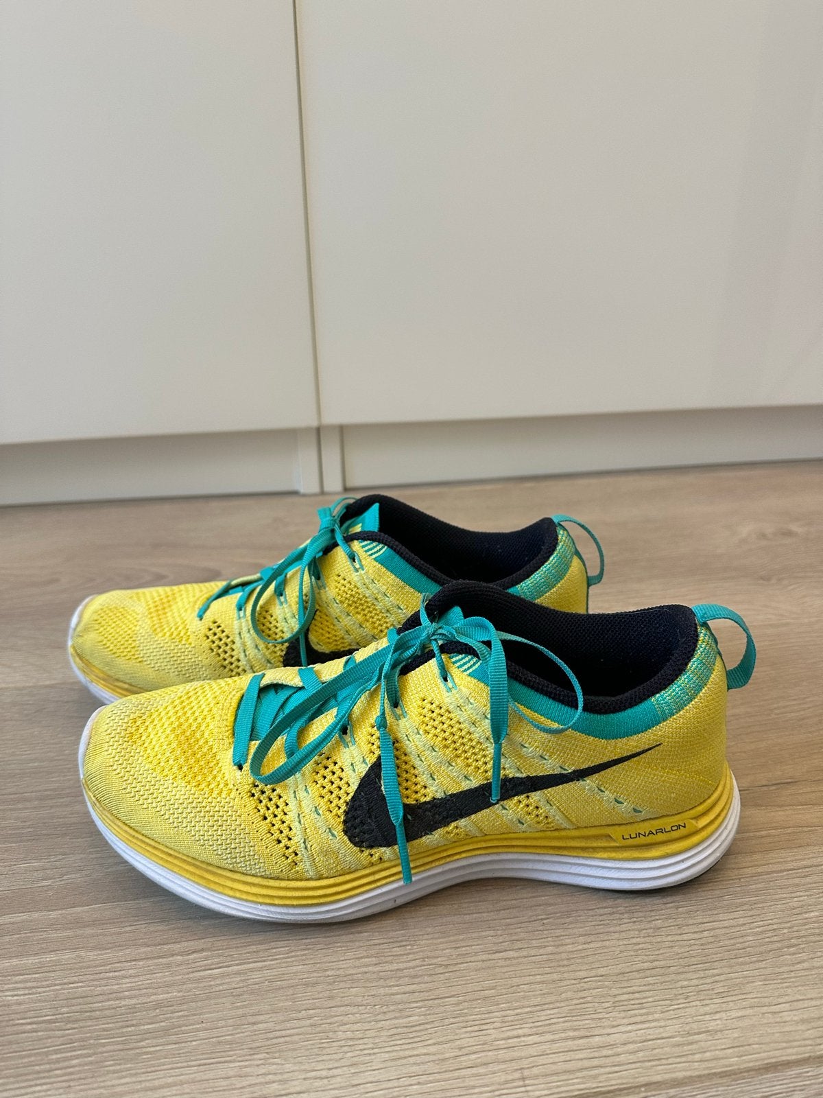 Nike Flyknit Lunar +1 hardloopschoenen - Geel/Turquoise, Ophalen of Verzenden, Gedragen, Geel, Sneakers of Gympen