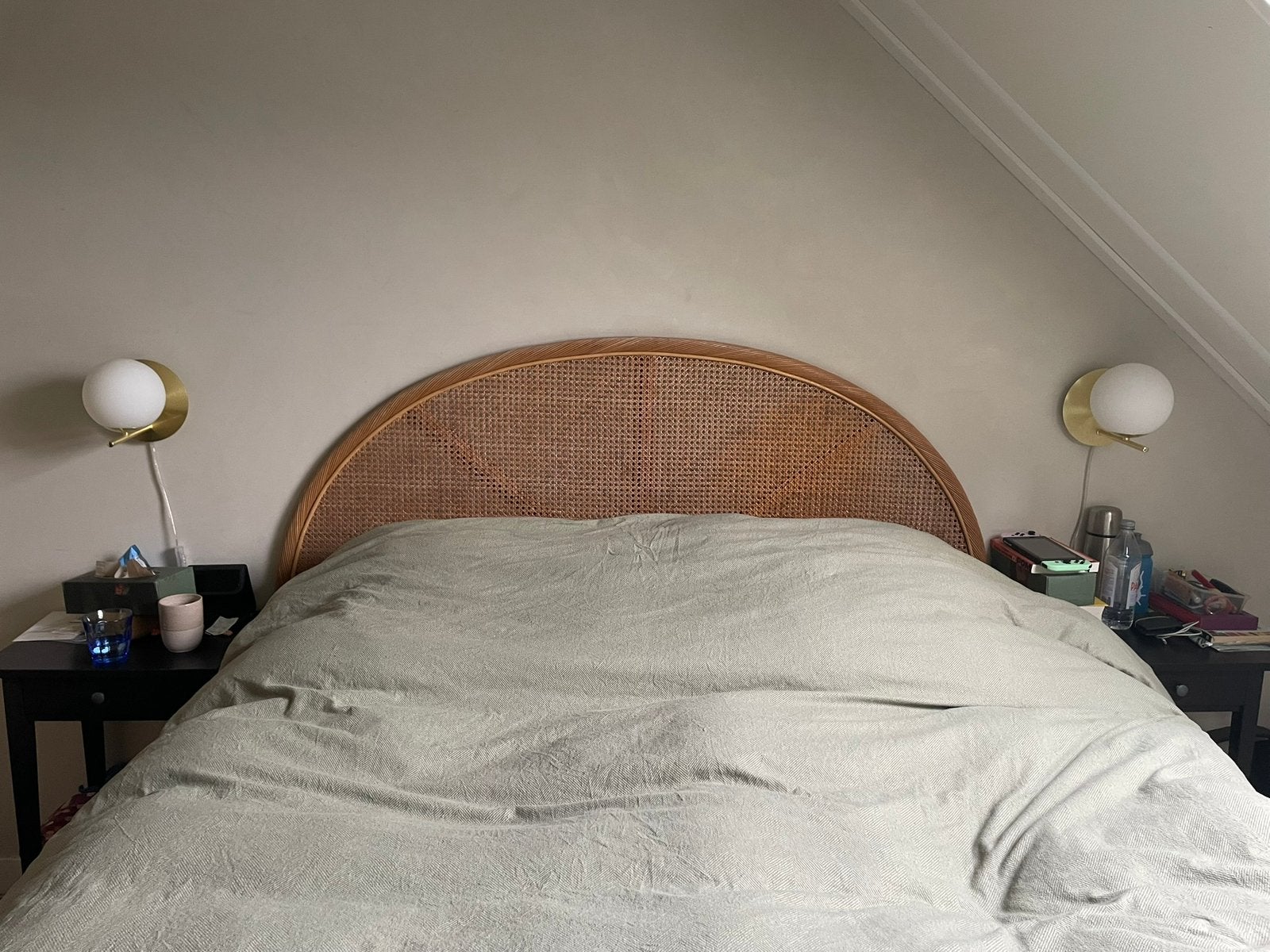 Vintage rotan hoofdeinde voor bedden tot 1.60m breed, Ophalen, Overige materialen, Gebruikt, Bruin