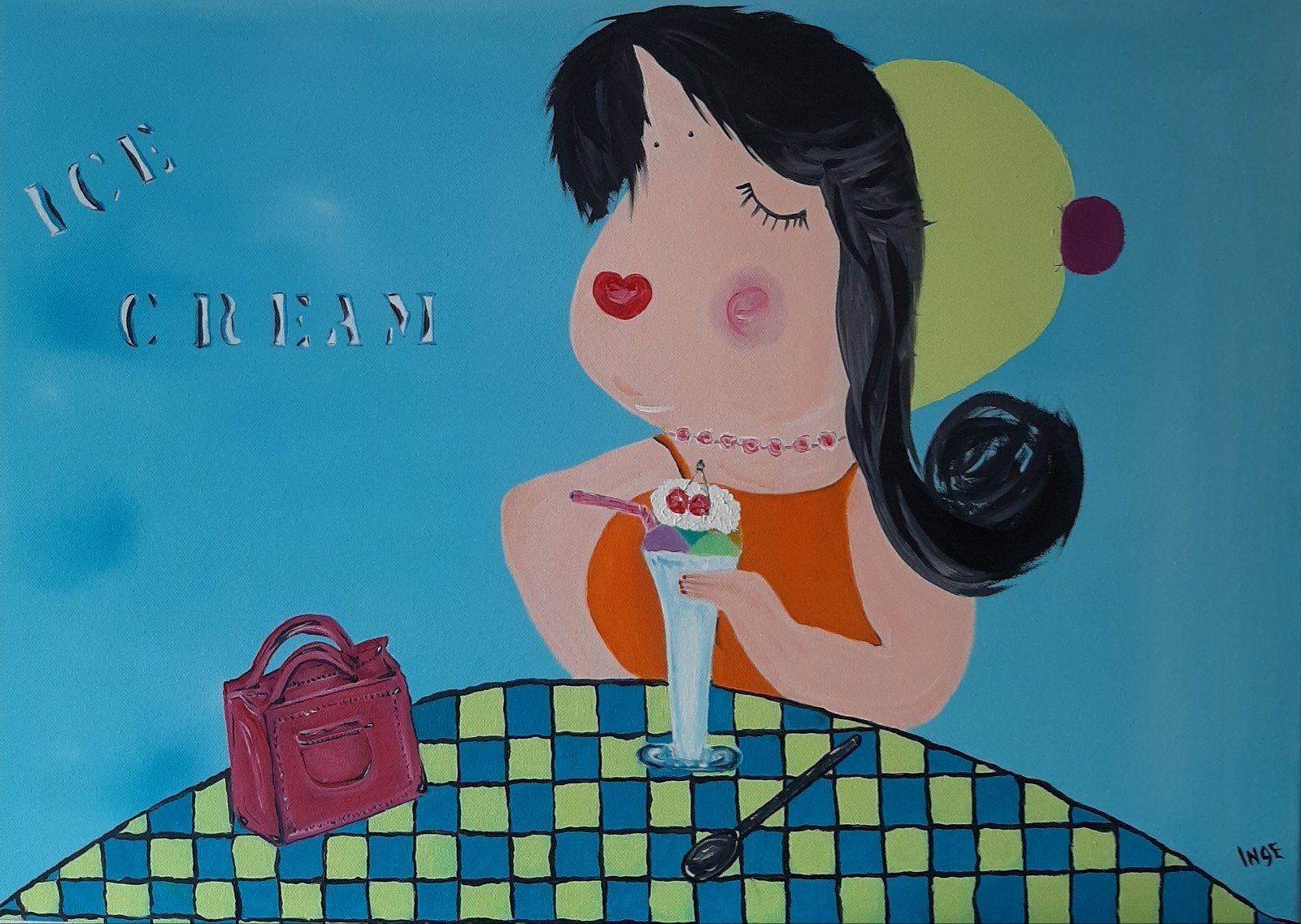 Schilderij Dikke Dame met sorbet in de ijssalon olieverf, Ophalen, Figuren