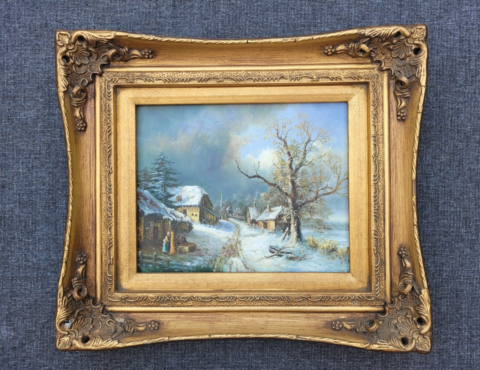Schilderij Winterlandschap met figuren in barok lijst, Antiek en Kunst, Ophalen of Verzenden