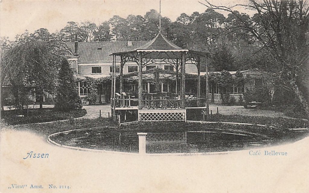 AN035 Assen Cafe Bellevue begin 1900 Vivat, Verzenden, Voor 1920, Ongelopen, Drenthe
