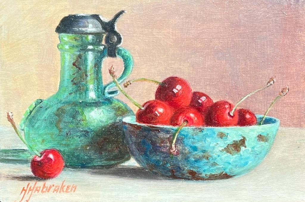 Schilderij kan, kersen in een schaal. Hans Habraken., Ophalen of Verzenden